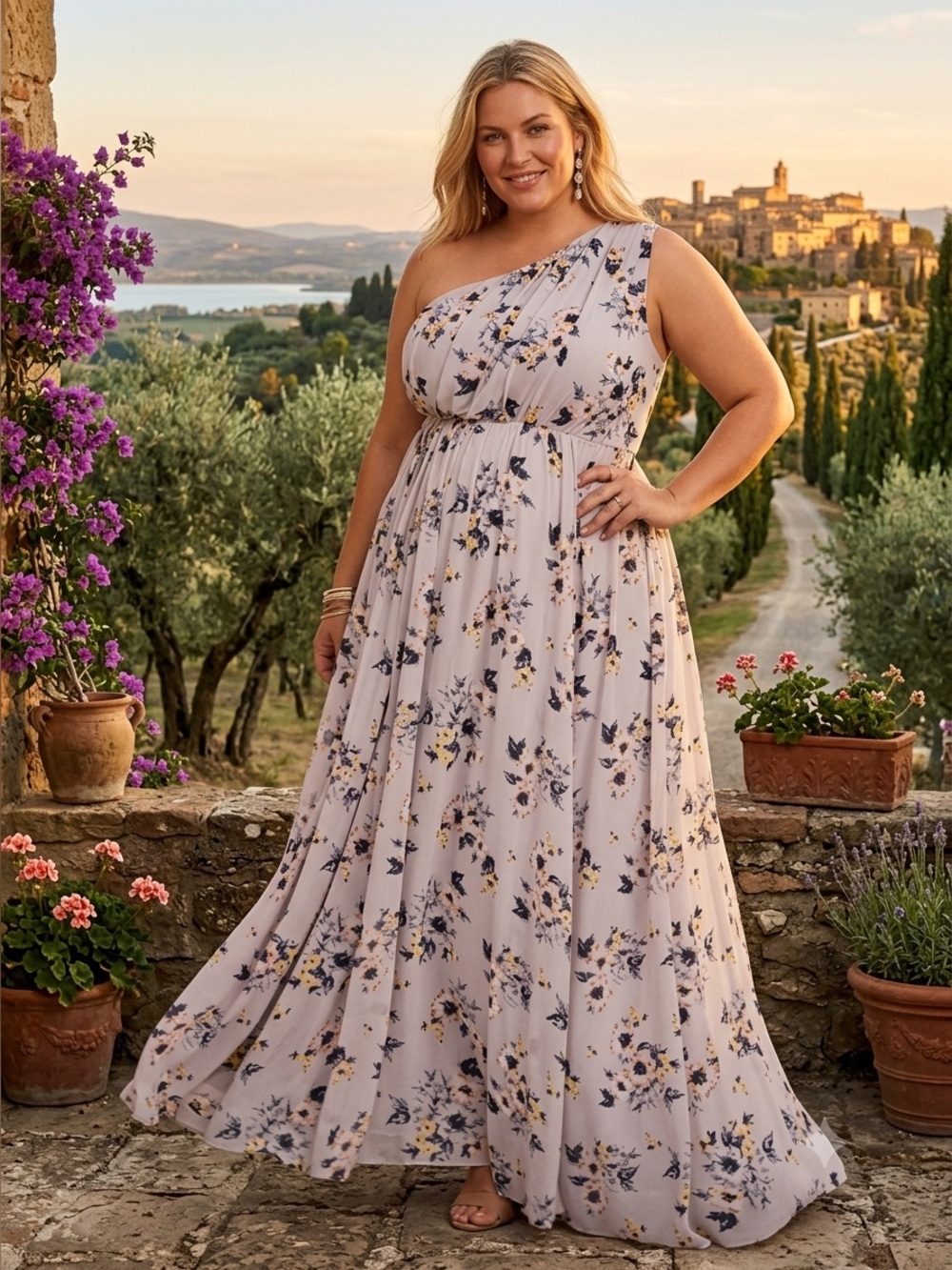 One-Shoulder Grey Floral Maxi Dress